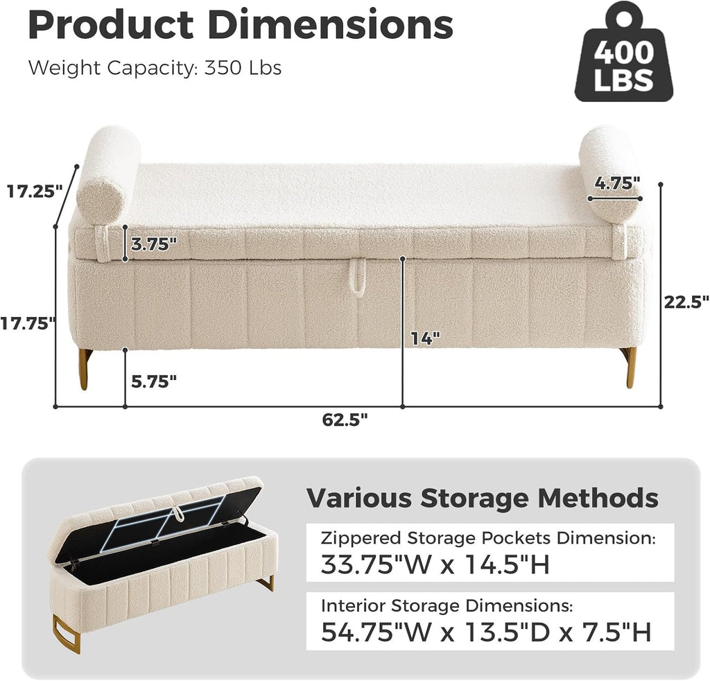 Storage Bench, 63" Ottoman with Storage for Foot of Bed King Size, Modern Upholstered End of Bed Bench with Gold Metal Legs for Bedroom Entryway Hallway, Teddy Beige