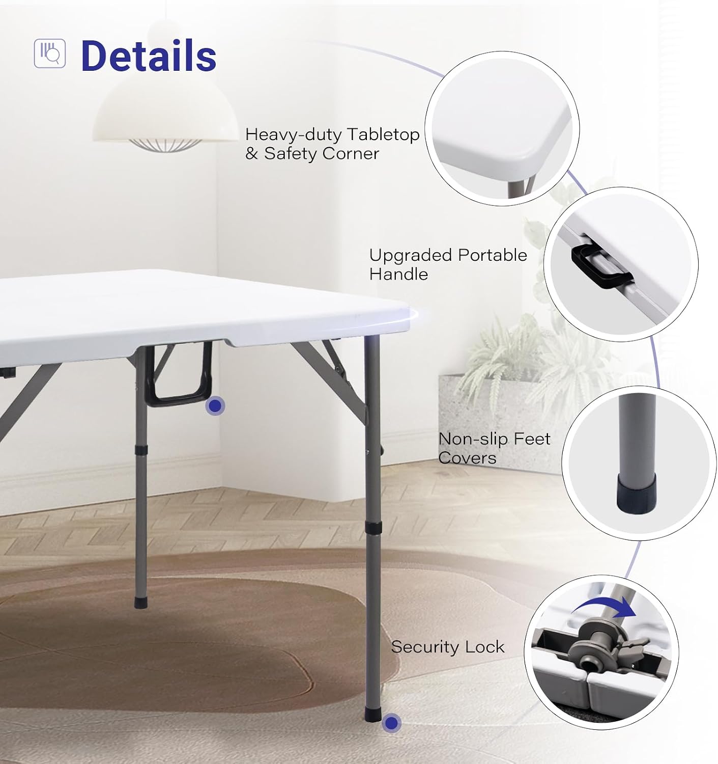 34" Square Folding Card Table,Fold-in-Half Utility Portable Table,White | Heavy Duty HDPE Tabletop,Carrying Handle,Removable Legs with Two Height,Indoor Outdoor for Picnic,Camping,Party,Game