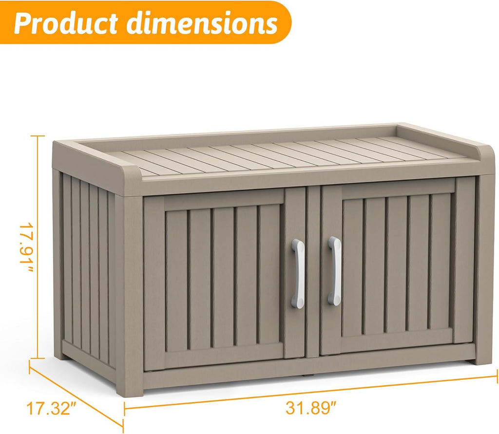 2-Tier Storage Bench, Waterproof UV-Resistant Outdoor Shoe Storage Cabinet, Outdoor Shoe Rack with 2 Doors & Adjustable Shelves for Indoor Outdoor Entryway, Hallway, Living Room (Grey)