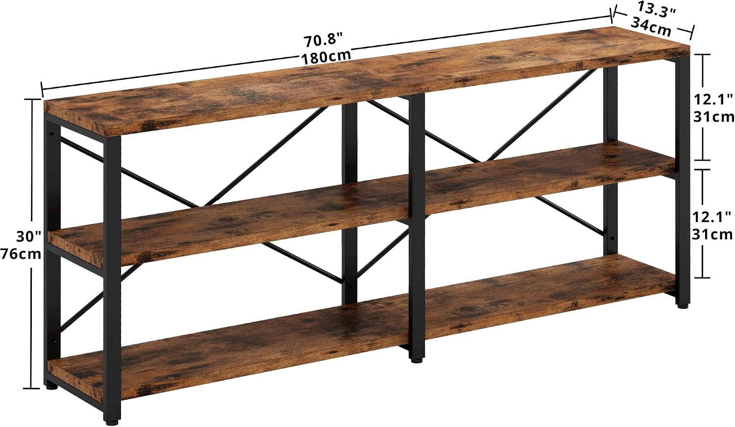 IRONCK Console Table, 3-Tier 70.8 in Entryway Table, Vintage Brown | Engineered wood shelves, 300 lb shelf. P2 MDF, X-bracing, adjustable feet. Anti-tip kit for entryways or living rooms.