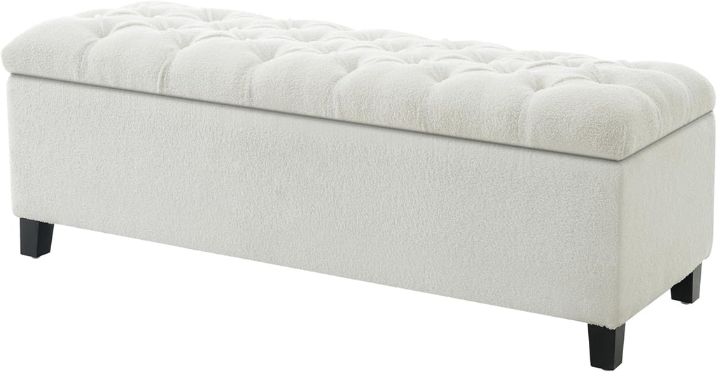 Storage Bench End of Bed, White Boucle Storage Ottoman Bench with Pressure Hinges, Foot Rest with Rubber Wood Legs, Button Tufted Ottoman with Storage for Living Room, Bedroom, Entry Ways & Window