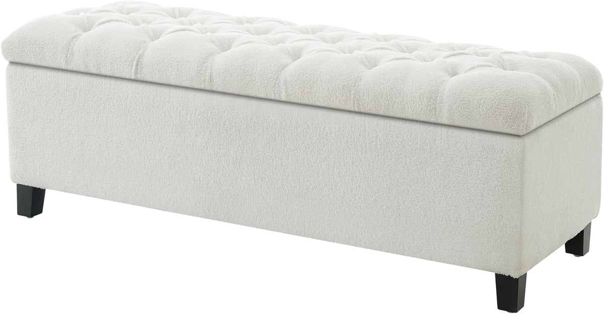 Storage Bench End of Bed, White Boucle Storage Ottoman Bench with Pressure Hinges, Foot Rest with Rubber Wood Legs, Button Tufted Ottoman with Storage for Living Room, Bedroom, Entry Ways & Window