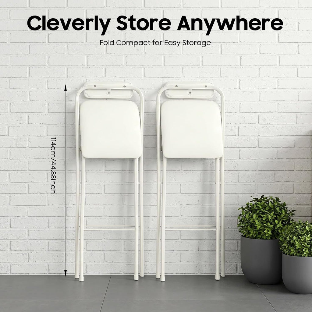 29.5" Bar Height Folding Stools Set of 2, Heavy Duty 275lb Capacity Foldable Bar Chairs with Backrest and PU Leather Padded Seat, Space Saving Portable High Stools for Home Bar Party & Kitchen (White)