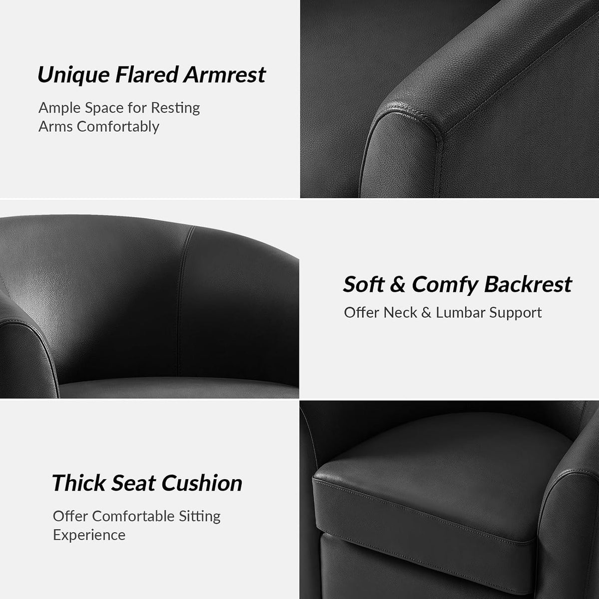 HULALA HOME Genuine Leather Swivel Barrel Accent Chairs Set of 2, Black | Transitional Round Swivel Accent Chair with Solid Wood Base, No Assembly Required, for Living Room Bedroom Reading Relaxation