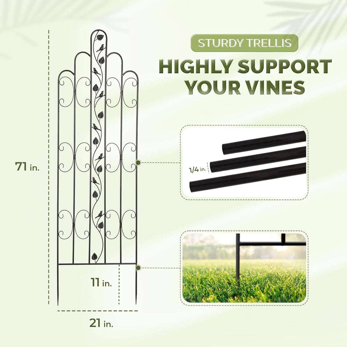 Idzo 71 in. Decorative Metal Trellis for Climbing Plants Outdoor, Heavy-Duty Steel Garden Trellis with Durable Powder Coating, Black Bird Pattern