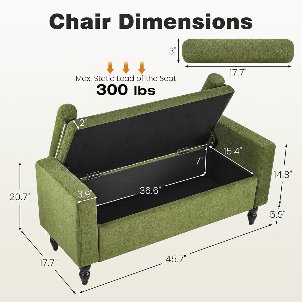 End of Bed Bench for Bedroom, 45.7" Linen Storage Ottoman Bench with Removable Pillows, Upholstered Entryway Bench with Solid Wood Legs, Storage Cabinet for Bedroom, Living Room, Entryway, Green