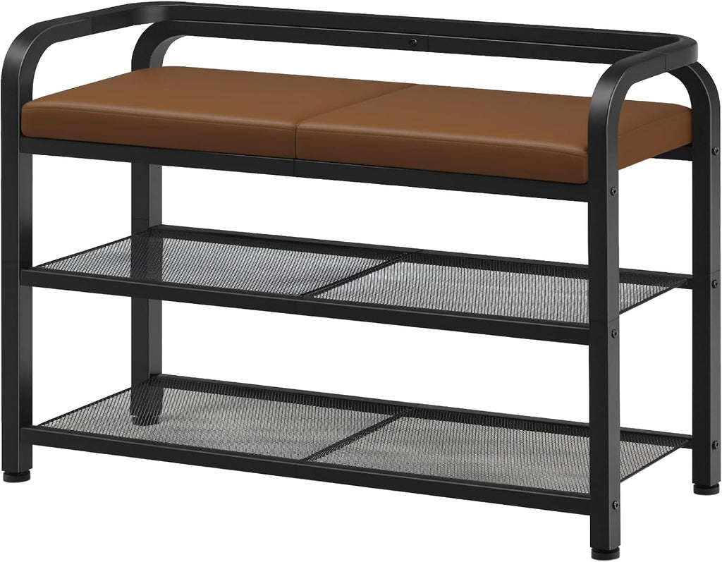 YATINEY Shoe Bench with Backrest, Entryway Bench, 2-Tier Shoe Rack with PU Padded Seat, Upholstered Shoe Storage Bench with Back, for Hallway, Entryway, Foyer, Bedroom, Brown and Black HX04BV
