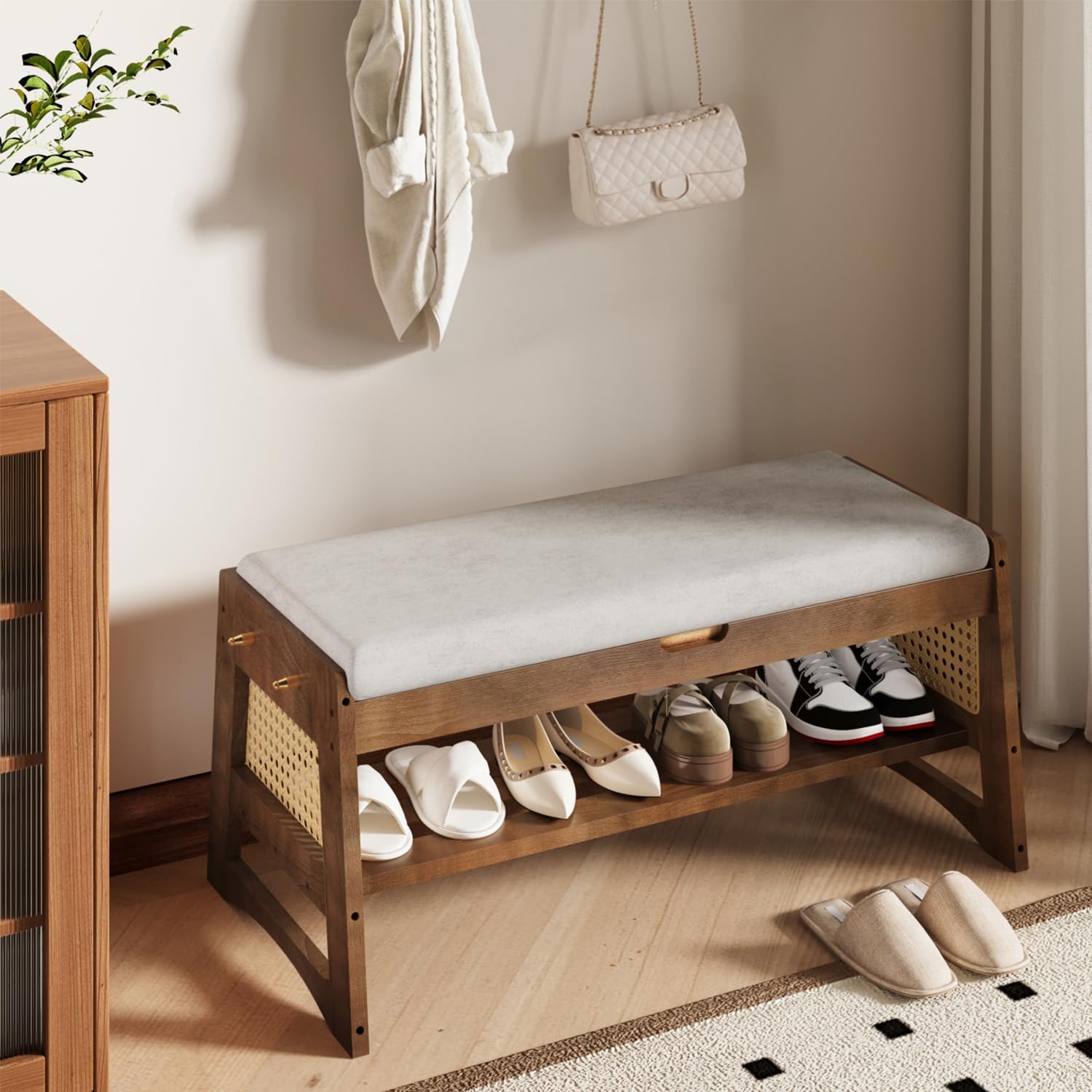 Shoe Rack Bench with Flip-Top Storage, 27.6" W x 15.7" H Solid Wood Entryway Bench Shoe Organizer with Cushion Side Hooks for Front Door Entrance Hallway Foyer Closet Living Room Bedroom