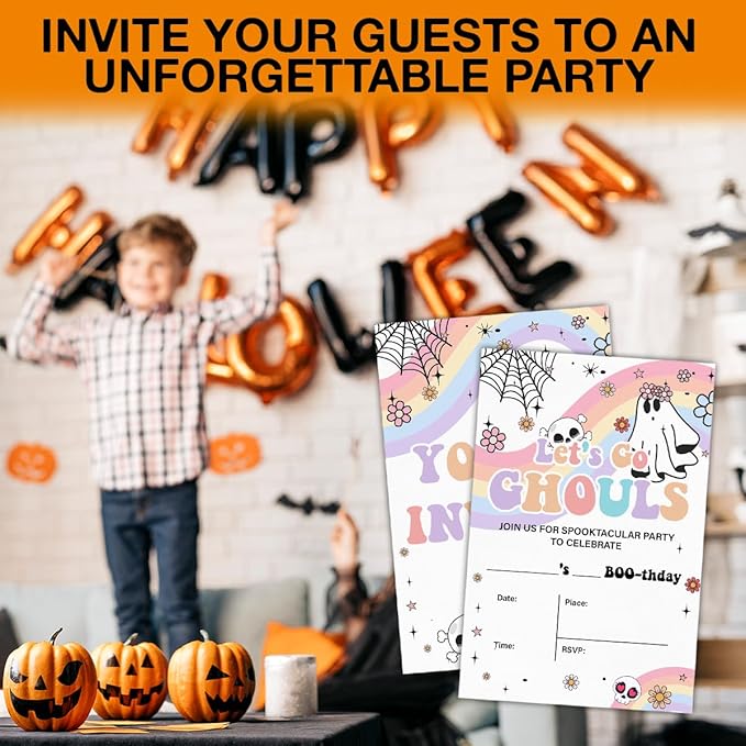 Halloween Birthday Invitations Groovy Rainbow Ghost Halloween Birthday Party Fill in Invites Cards With Envelopes (20 Count) Double Sided Design, Let's Go Ghouls