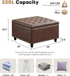 Tbfit 30" Large Square Ottoman Coffee Table with Storage, Oversized Tufted Upholstered Ottomans Bench with Solid Wood Legs for Living Room, Dorm, Leather Foot Stool for Couch Sofa Toy Box, Brown