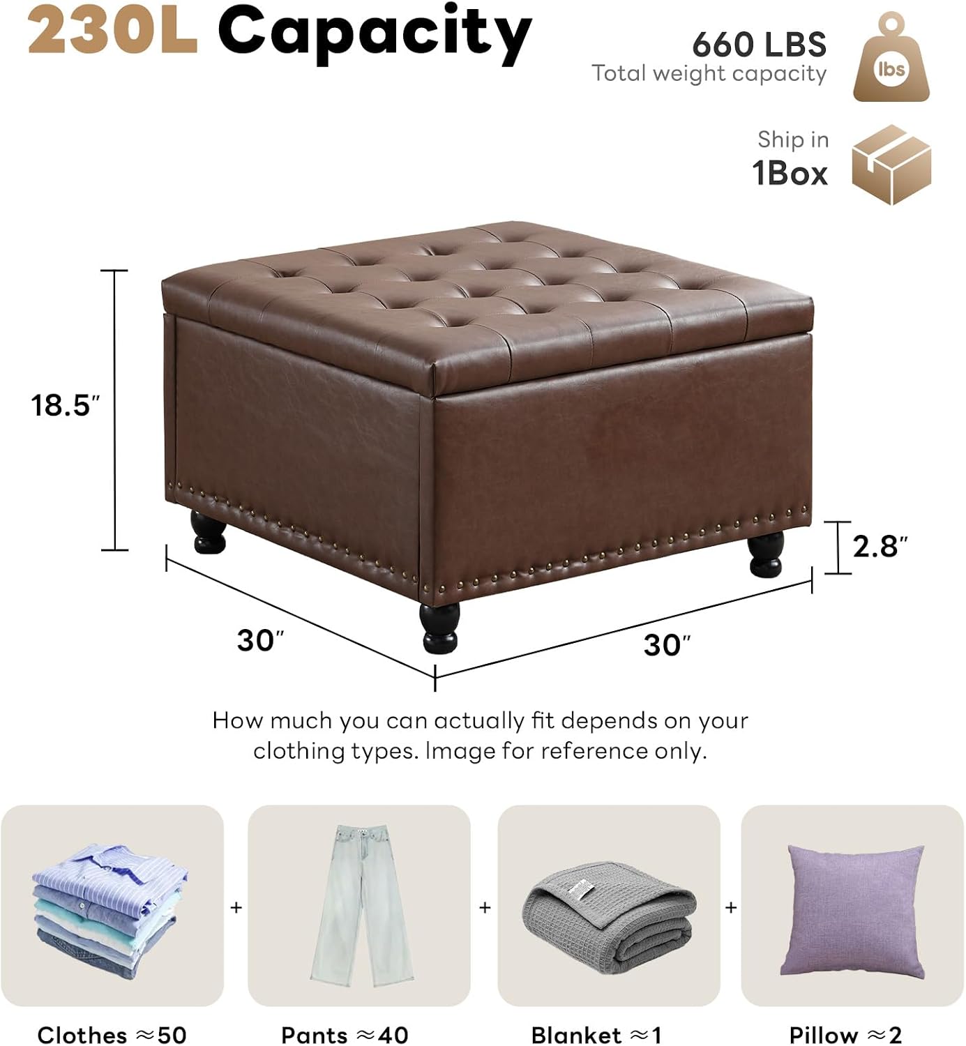 Tbfit 30" Large Square Ottoman Coffee Table with Storage, Oversized Tufted Upholstered Ottomans Bench with Solid Wood Legs for Living Room, Dorm, Leather Foot Stool for Couch Sofa Toy Box, Brown