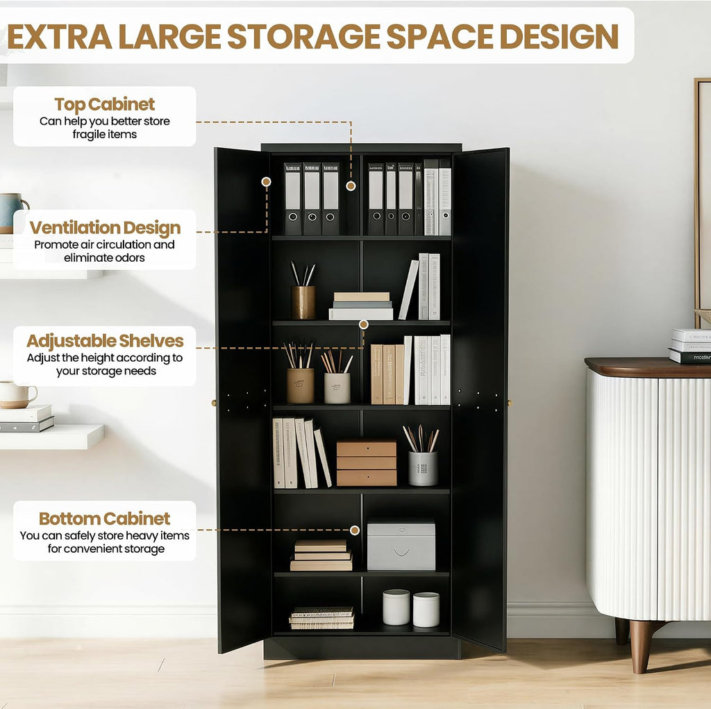 Kitchen Pantry Cabinet, 72" Tall Black Metal Storage Cabinet, Kitchen Storage with 2 Doors and 5 Adjustable Shelves, Freestanding Cupboard for Living, Dining Room and Bathroom,Assemble Required