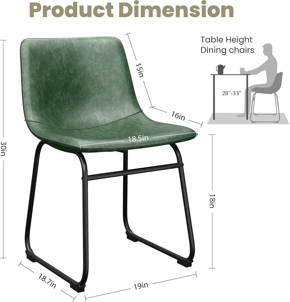 YaFiti 18 inch Modern Dining Chairs Set of 4, Green | Upholstered Wateproof PU Leather Seats, Ergonomic Back, Metal Legs, Kitchen Chairs for Dining Room, Restaurant, Cafe