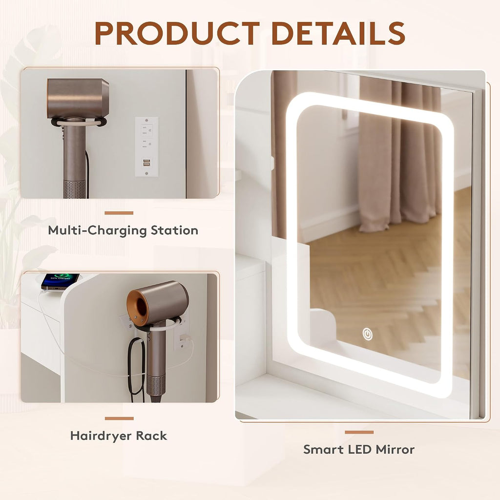 LIVELYGLOW 24" White Small Vanity Set with Lighted Mirror & Storage Stool | Smart LED Mirror, Charging Station, Hairdryer Rack, Space-Saving
