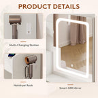 LIVELYGLOW 24" White Small Vanity Set with Lighted Mirror & Storage Stool | Smart LED Mirror, Charging Station, Hairdryer Rack, Space-Saving