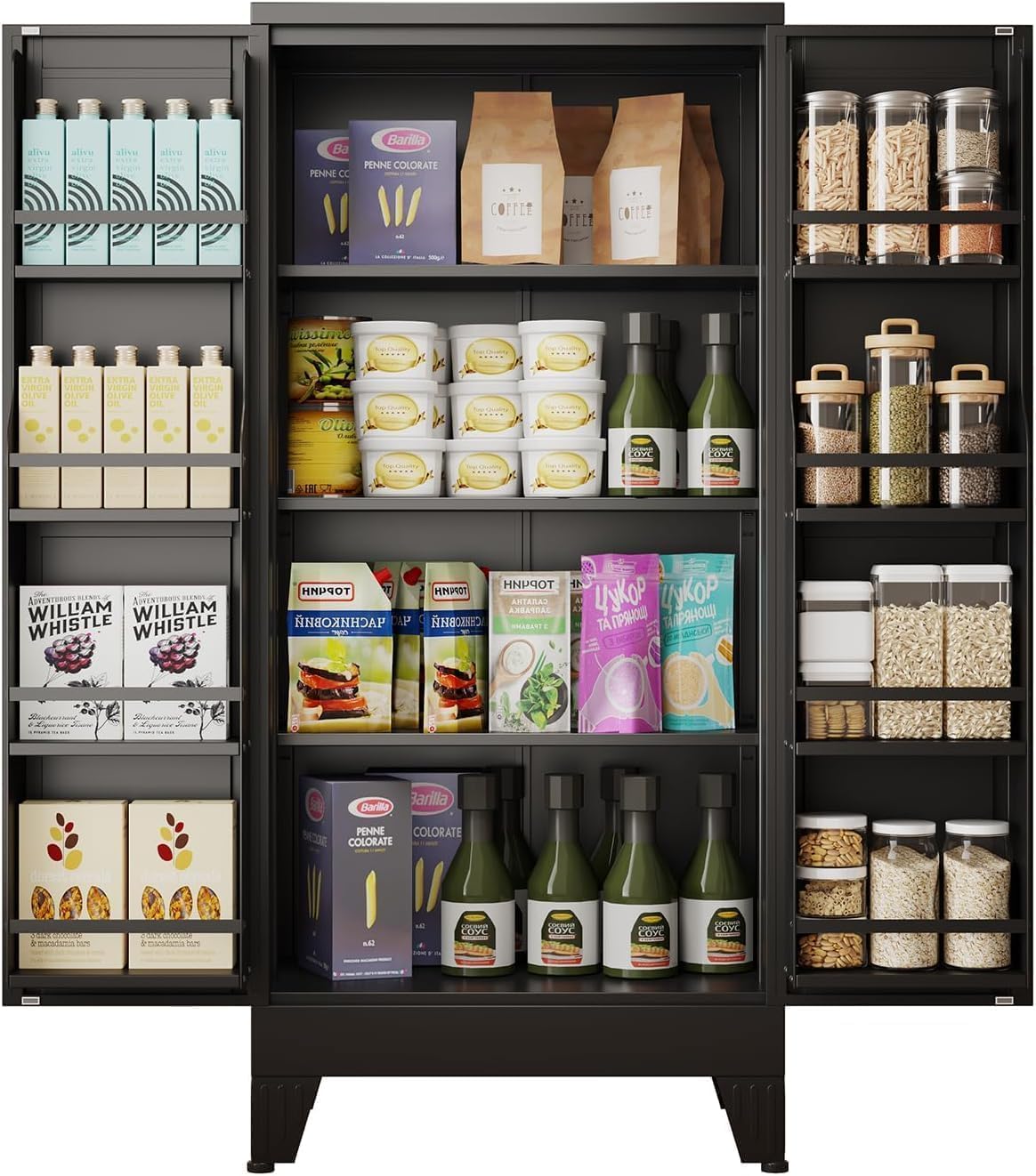 47.2" H Tall Metal Kitchen Pantry Storage Cabinet, Freestanding Storage Cabinet with Magnetic Doors and Adjustable Shelves, Black Metal Pantry Cabinets for Dining Room and Living Room