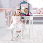 HONEY JOY Kids Vanity, Snowflake Themed Princess Makeup Vanity Set for Little Girls, Real Glass Tri-Folding Mirror, Bedroom Dressing Table & Chair Set, Wooden Girls Vanity Set w/Mirror and Stool(Blue)