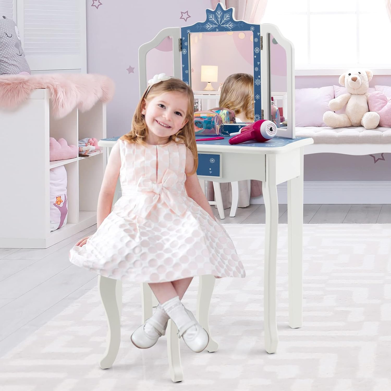 HONEY JOY Kids Vanity, Snowflake Themed Princess Makeup Vanity Set for Little Girls, Real Glass Tri-Folding Mirror, Bedroom Dressing Table & Chair Set, Wooden Girls Vanity Set w/Mirror and Stool(Blue)