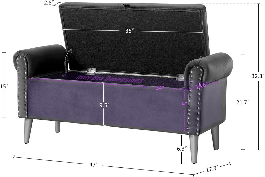 Storage Bench for Bedroom- Grey Velvet Bench with Storage 47" | Featuring Rolled Arms Decorative Nailhead Trim Safety Hinge Large Storage Space for Living Room, Entryway Pet Friendly