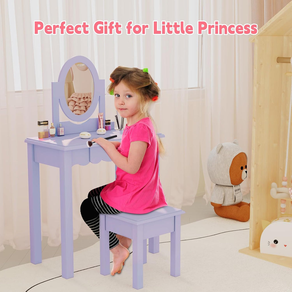 HLR Kids Vanity Set with Mirror Stool and Drawer for Little Girls, Purple | Girls Vanity Set, Wooden 2 in 1 Princess Makeup Desk Dressing Table with Detachable Top, Toddler Vanity Dresser Set