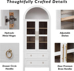 roomfitters 71" Pantry Cabinet with Arched Top and Glass Doors, 2 Storage Drawers and Adjustable Shelves for Kitchen, White