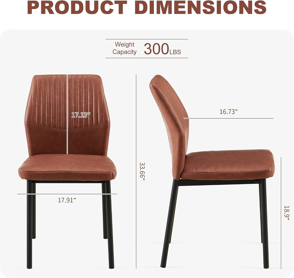 Dining Chairs Set of 6, Brown PU Leather Dining Chairs, Comfortable Upholstered Armless Kitchen Chairs with Black Metal Legs for Living Room, Dining Room, Kitchen