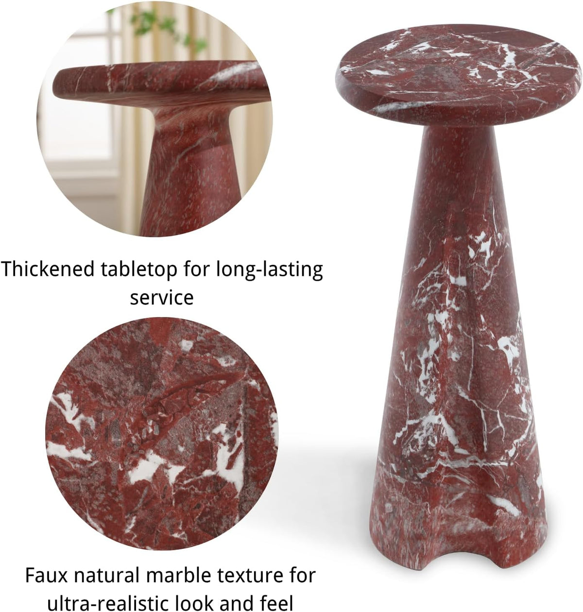 Modern Faux Marble Bedside Table for Living Room, 9" Round Stone Side Table Vintage Night Stand, Small Rustic Red End Table for Drink in Bedroom Apartment Waiting Room, White and Red