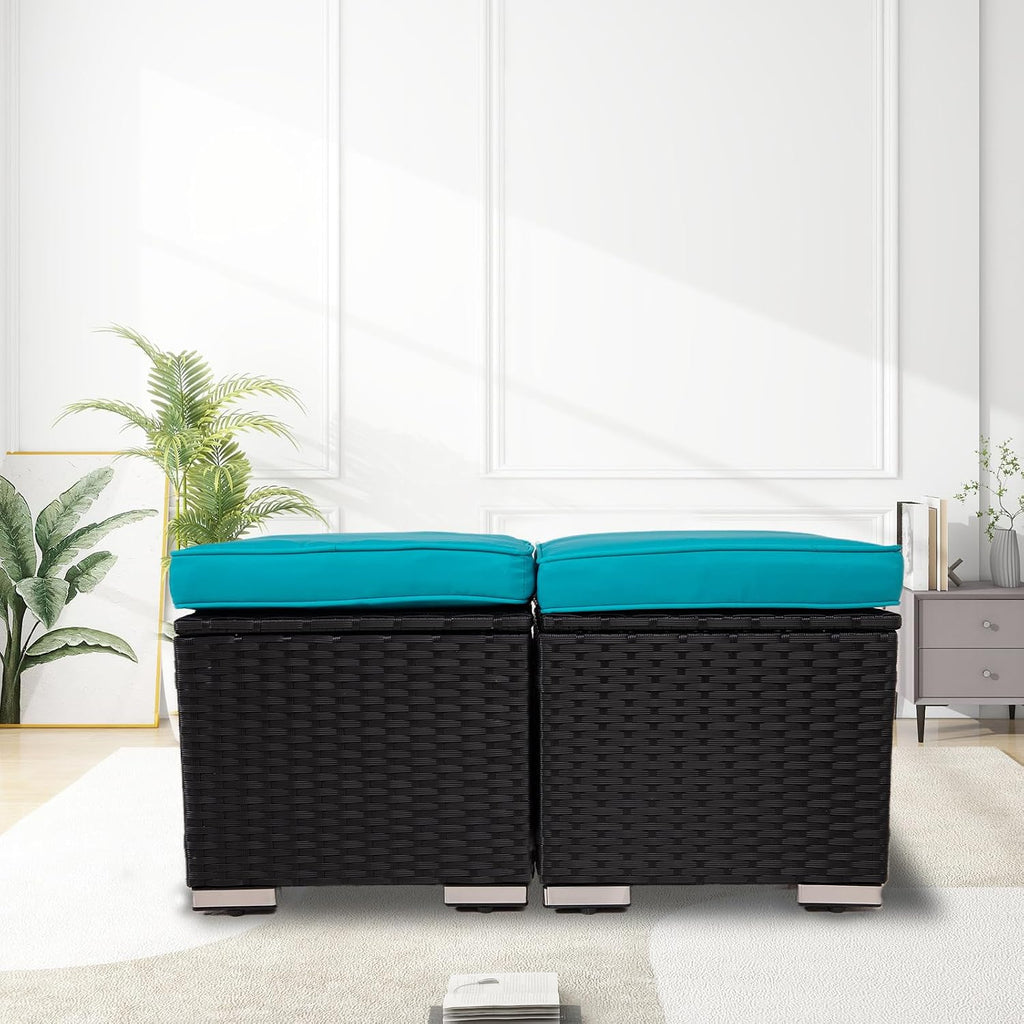 Wicker Outdoor Patio Ottoman - 2 Pack Outdoor Ottomans for Patio, Side Table with Storage, Removable Cushions Square Foot Rest Seating for Patio, Porch, Deck (Black-Blue)