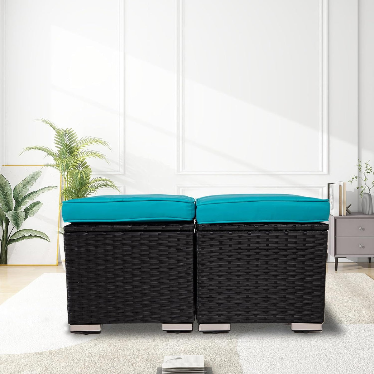 Wicker Outdoor Patio Ottoman - 2 Pack Outdoor Ottomans for Patio, Side Table with Storage, Removable Cushions Square Foot Rest Seating for Patio, Porch, Deck (Black-Blue)
