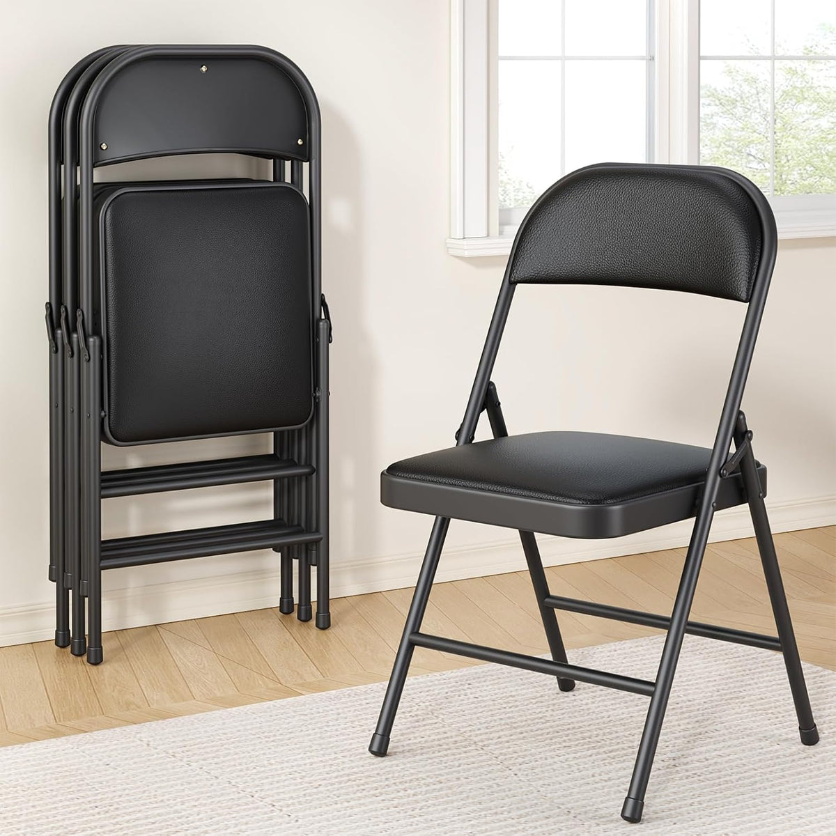 Folding Chairs 4 Pack,350 lbs Heavy Duty Metal Frame Folding Chairs with PU Leather Padded Seat,Ergonomic Portable Foldable Chair with Non-Slip Rubber Feet for Indoor Outdoor Wedding Patio Party,Black