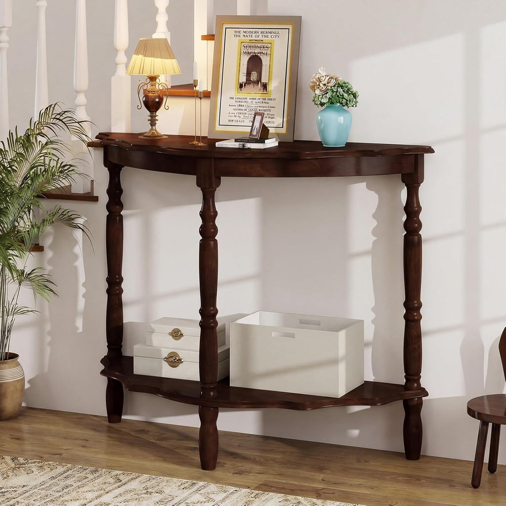 Giantex 42" Half Moon Console Table, 2-Tier Semi-Circle Entryway Table with Storage Shelf & Carved Rubber Wood Legs, Vintage Round Curved Sofa Tables for Living Room, Hallway, Entrance