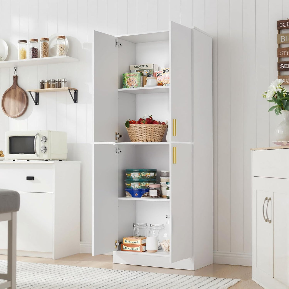 Cozy Castle Kitchen Pantry Cabinet, 71" Tall Wood Storage Cabinet with Doors and Shelves 4 Doors Freestanding Cupboard for Dining Room Living Room Furniture, White
