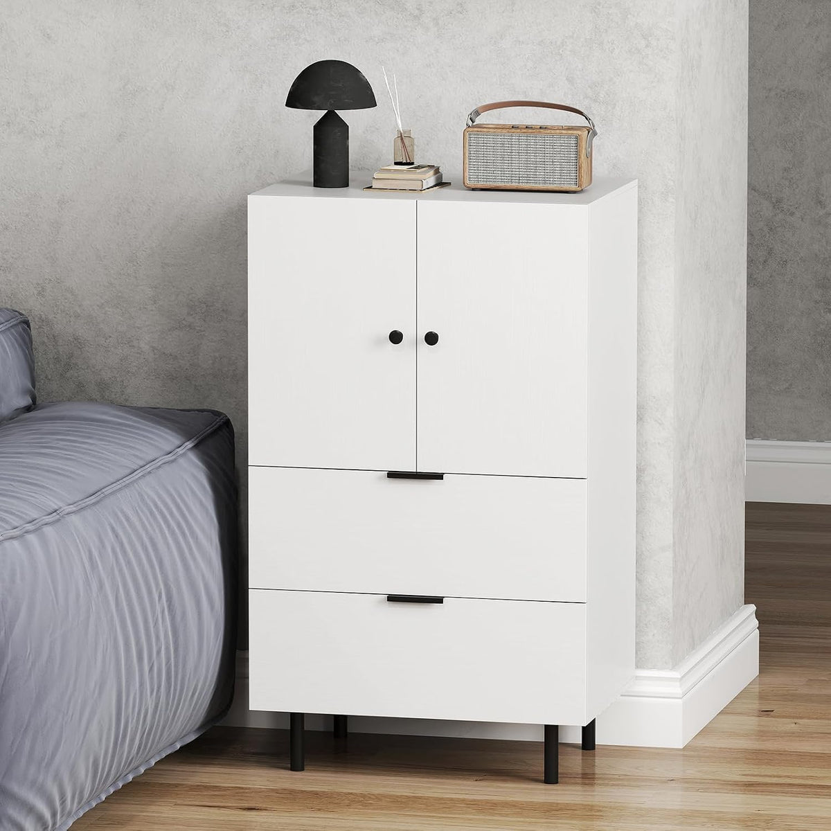 LOKO Buffet Cabinet with 2 Drawers, 2-Door Serving Cupboard with Raised Metal Legs, Modern Floor Coffee Bar Station, Buffet Table Display Cabinet for Living Room, Dining Room, Kitchen, White
