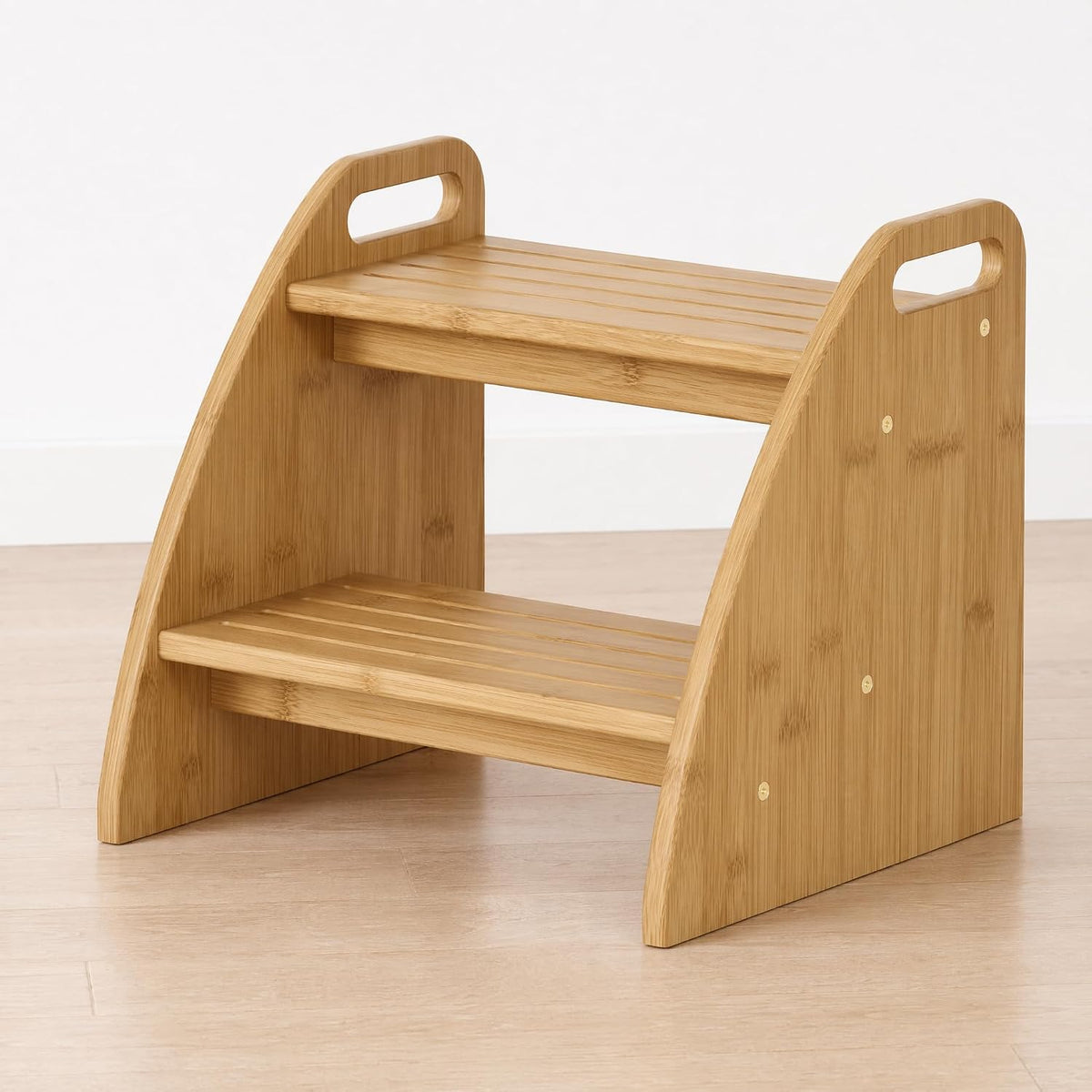 Bamboo 2 Step Stool 300lbs Capacity, Wooden Two Step Stool with Non-Slip Handles, Heavy Duty Stepping Stool for Bedside High Beds Adults, Sturdy Small Bathroom Kitchen Wooden Step Stool