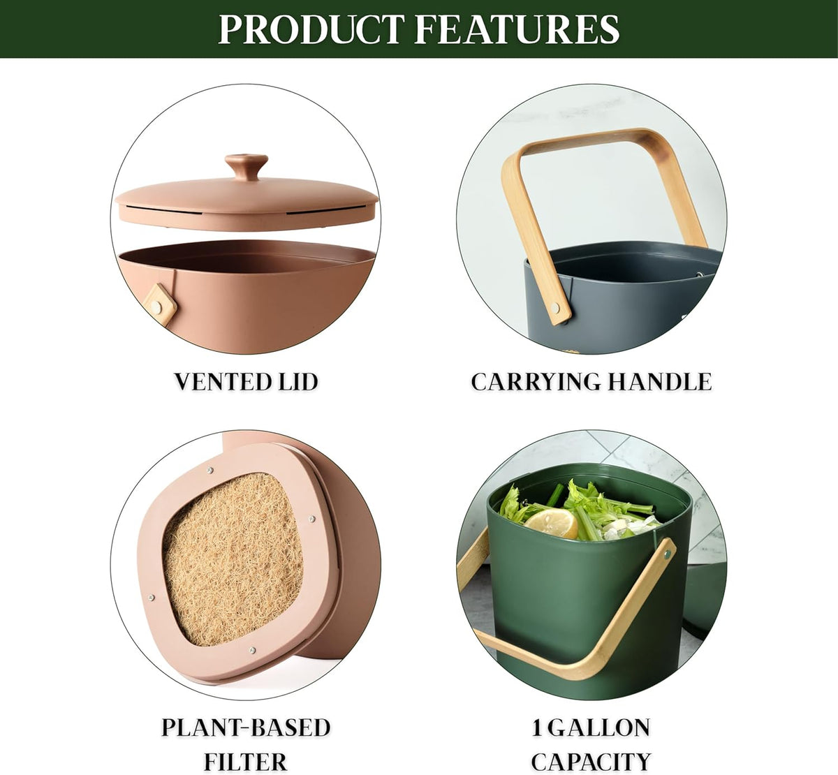 Bamboozle - 1 Gallon Compost Bin, Comes with Hemp-Based Filter, Sustainable Materials, Indoor Countertop Composter, Home & Garden Supplies, Terracotta