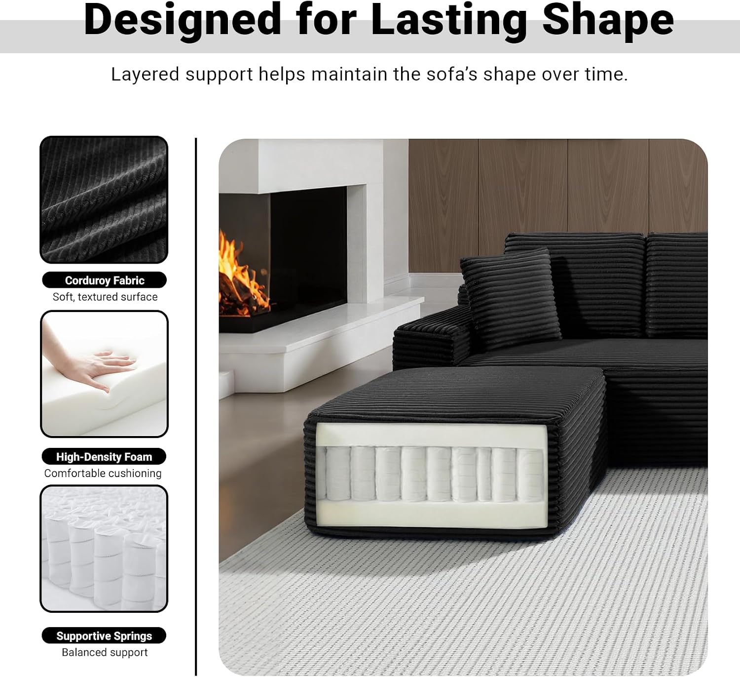ivoros 150 Inch Modular Sectional Sofa Couch, Oversized Modern Cloud Couch for Living Room, U Shape Couches with 2 Ottomans, USB Ports and Cup Holders, Black Corduroy Sofas, Sofa in a Box