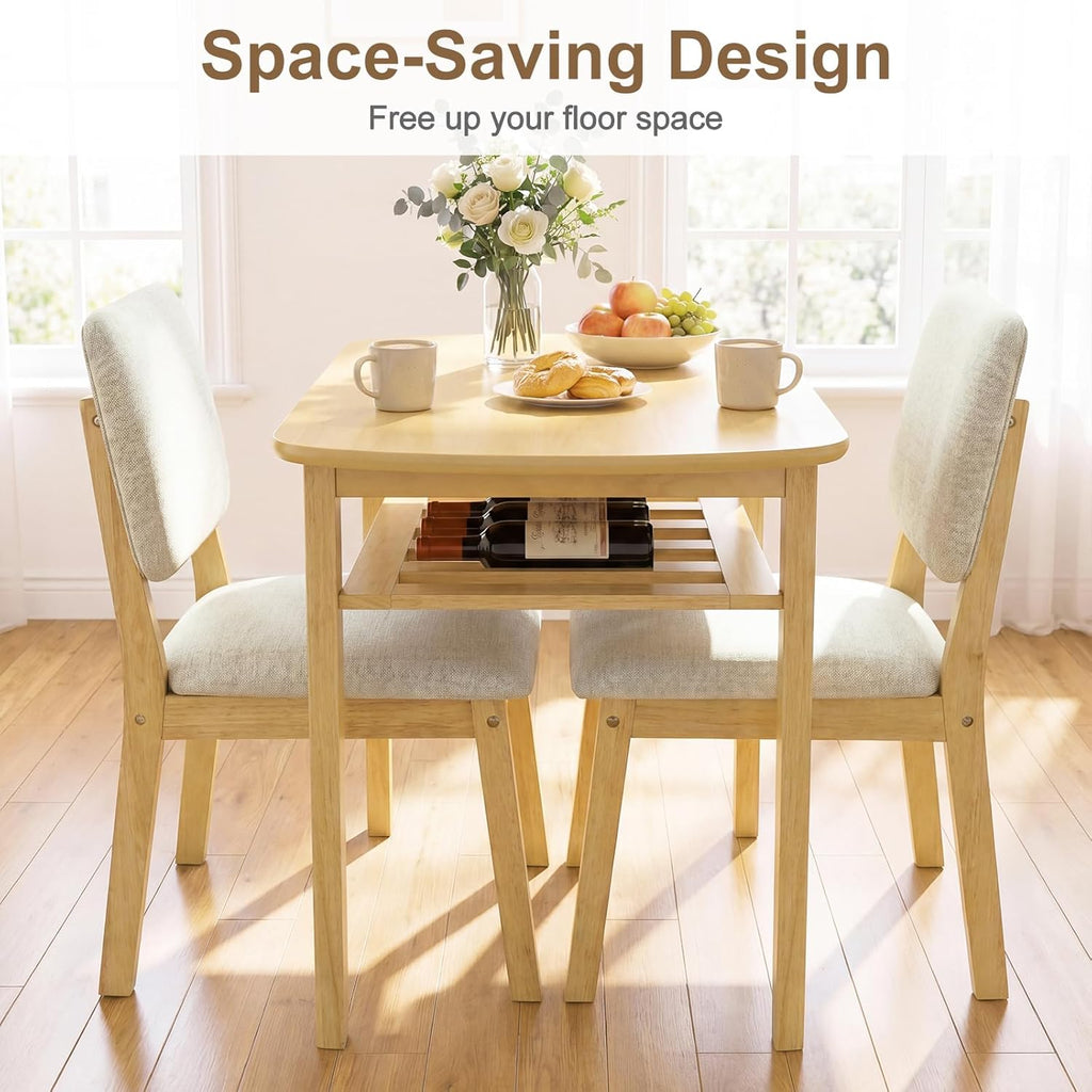 Giantex Dining Table Set for 2, Space Saving Kitchen Table and Chairs Set w/Rubber Wood Frame, Storage Rack, Padded Seats & Backrests, Dinette Set for Small Space, Apartment, Dining Room, Natural