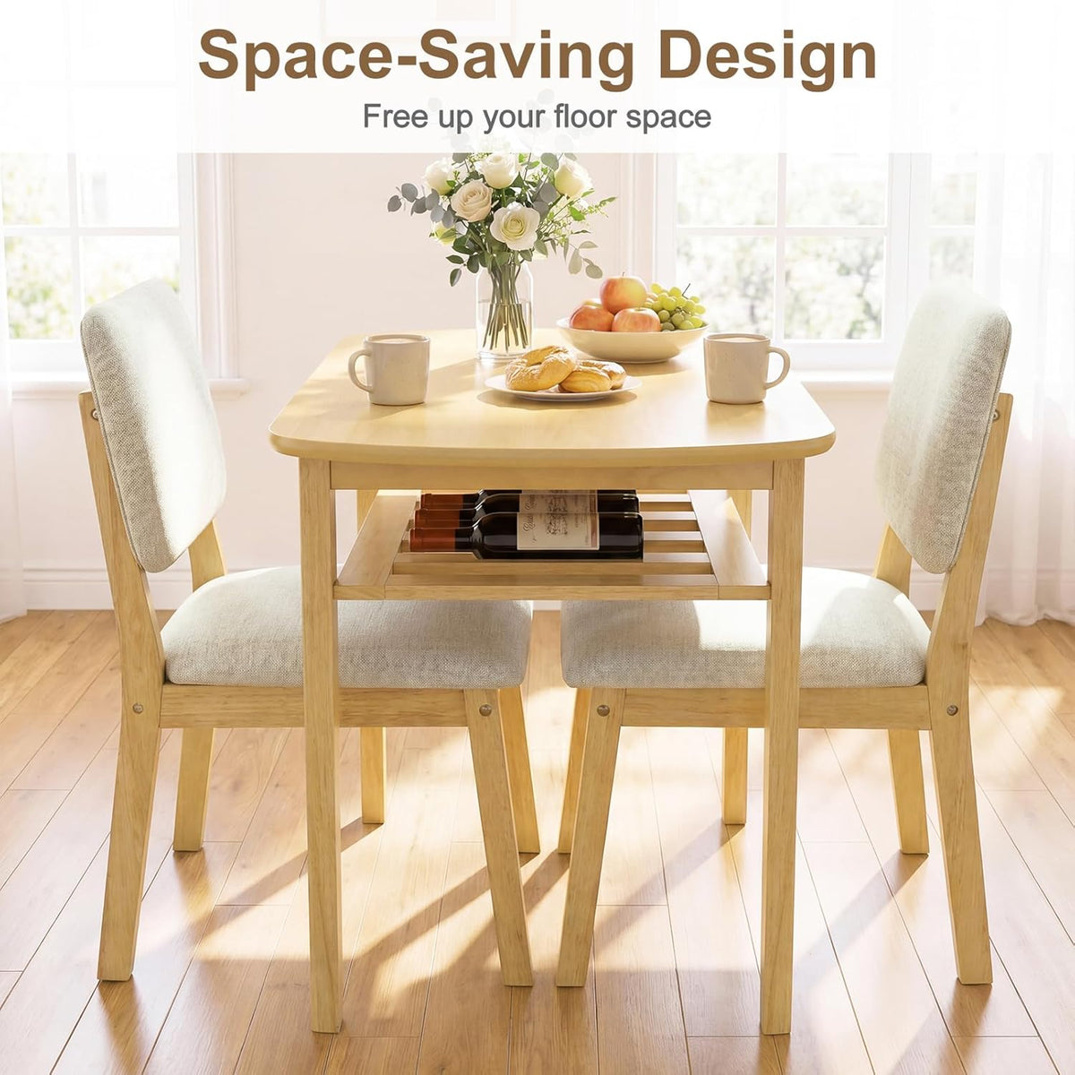 Giantex Dining Table Set for 2, Space Saving Kitchen Table and Chairs Set w/Rubber Wood Frame, Storage Rack, Padded Seats & Backrests, Dinette Set for Small Space, Apartment, Dining Room, Natural