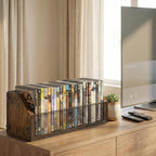 CD Storage Rack, Wooden CD Organizer Holds 32 CDs, Retro CD Shelf for Desktop, Perfect for DVD, Blu ray & Video Game Cases, Space Saving