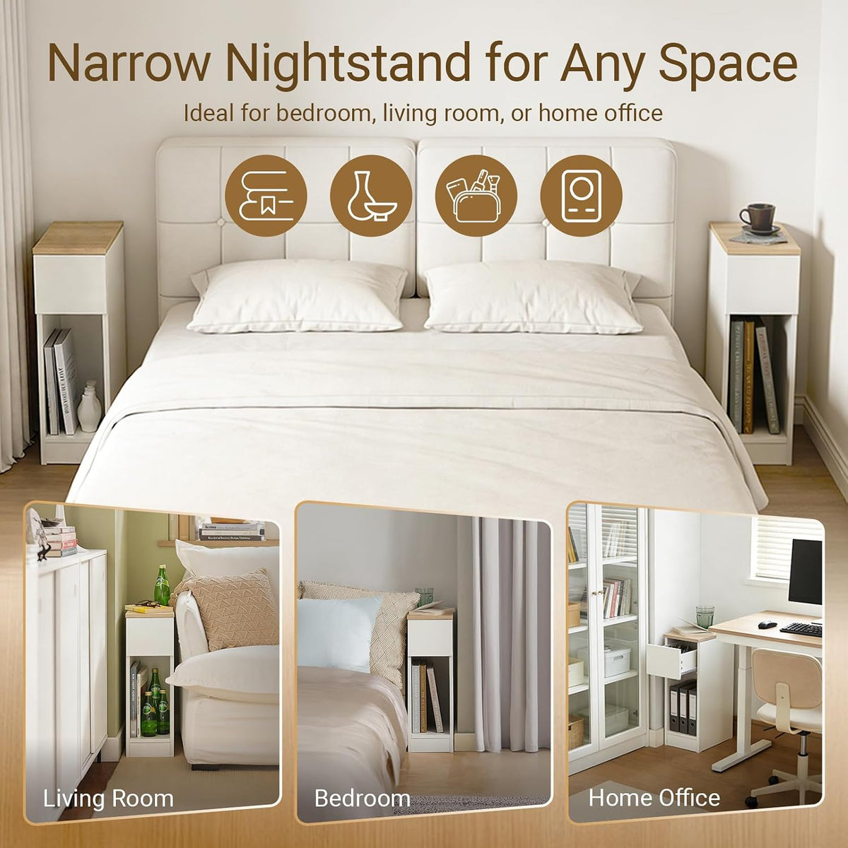 SoBuy Narrow Nightstand Set of 2 | Slim Bedside Tables with Drawers Suitable for Small Space, Small Side Tables Bedroom (White & Natural)