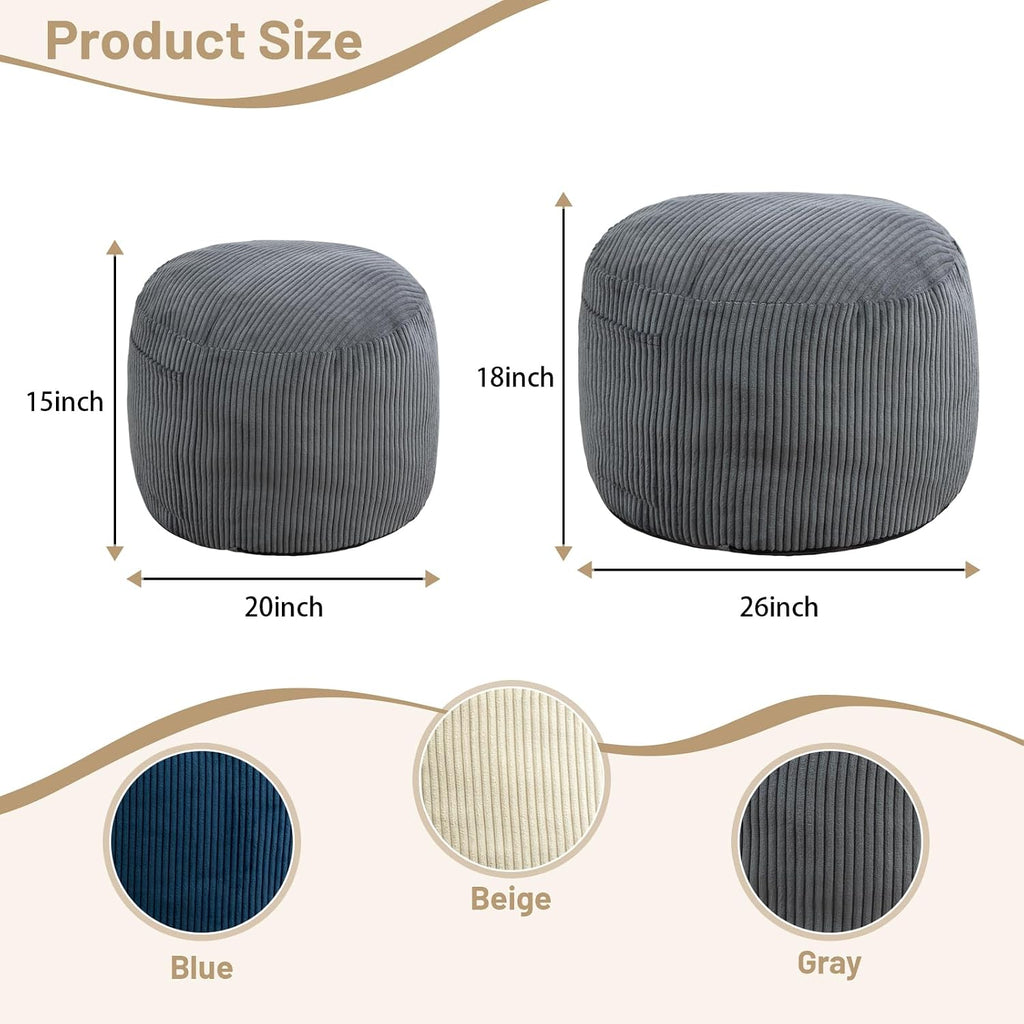 Round Stuffed Pouf Ottoman (Gray, 20" D x 20" W x 15" H) | Corduroy Foot Rest with Rebound Foam Filling, Furry and Fluffy Foot Stool Ottoman, Floor Poufs for Living Room