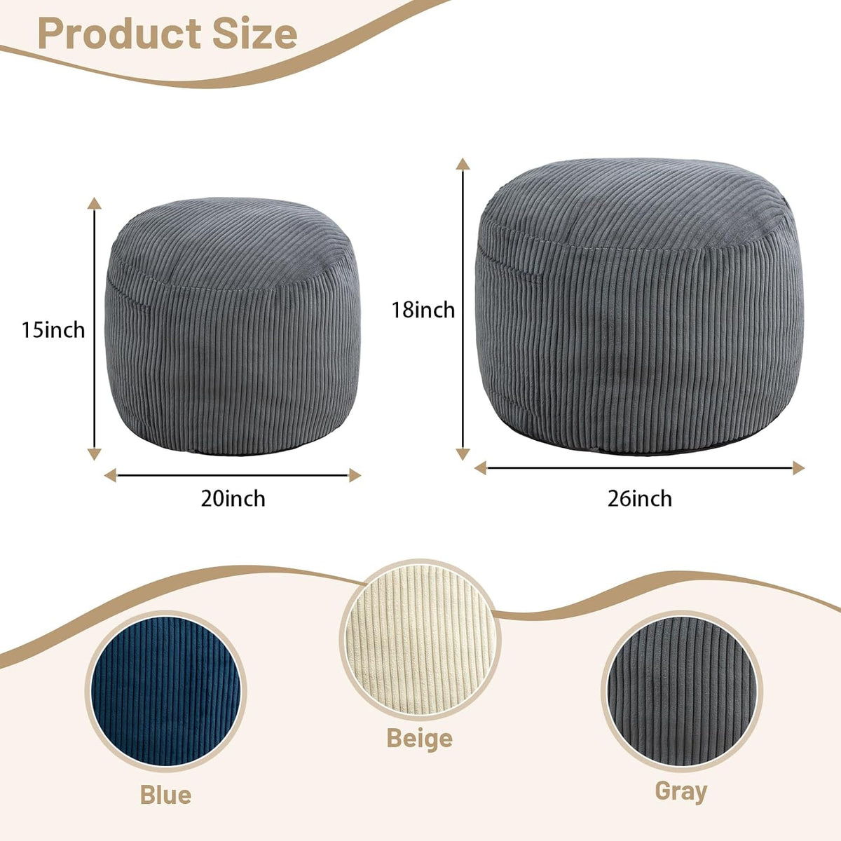 Round Stuffed Pouf Ottoman (Gray, 20" D x 20" W x 15" H) | Corduroy Foot Rest with Rebound Foam Filling, Furry and Fluffy Foot Stool Ottoman, Floor Poufs for Living Room
