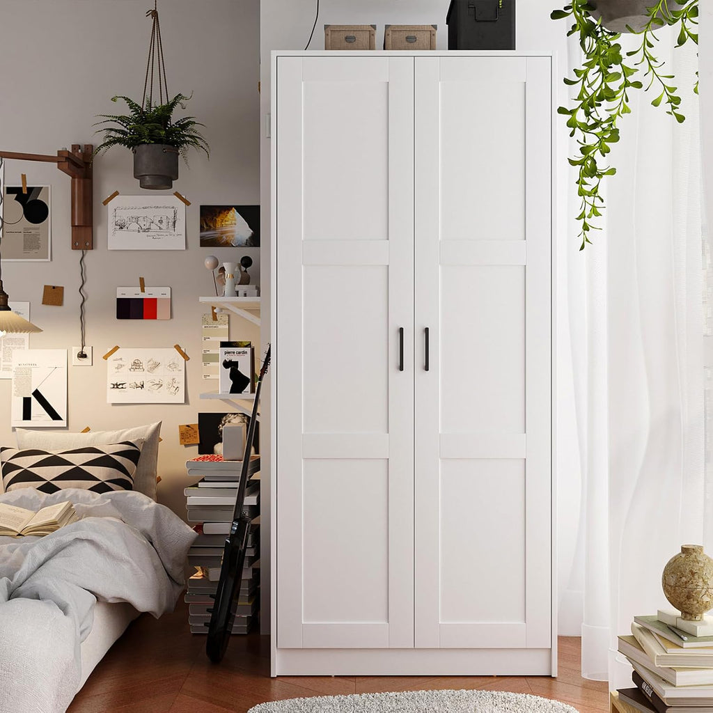 Fddevelop Fenghua Lizhi Wood White Wardrobe Closet with 2 Doors，Bedroom Freestanding Armoire Storage Cabinet with Shelves，Wooden Wardrobe Combination for Hanging Clothes