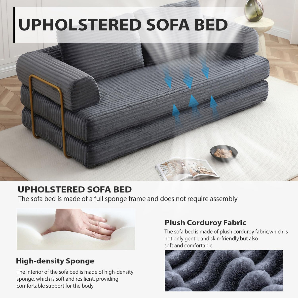 Convertible Folding Sofa Bed, Modern Futon Sleeper Sofa Fold Out Couch Bed with Gold Fixed Frame, Modular Floor Sofas Comfy Corduroy Couches for Living Room (80" Grey)