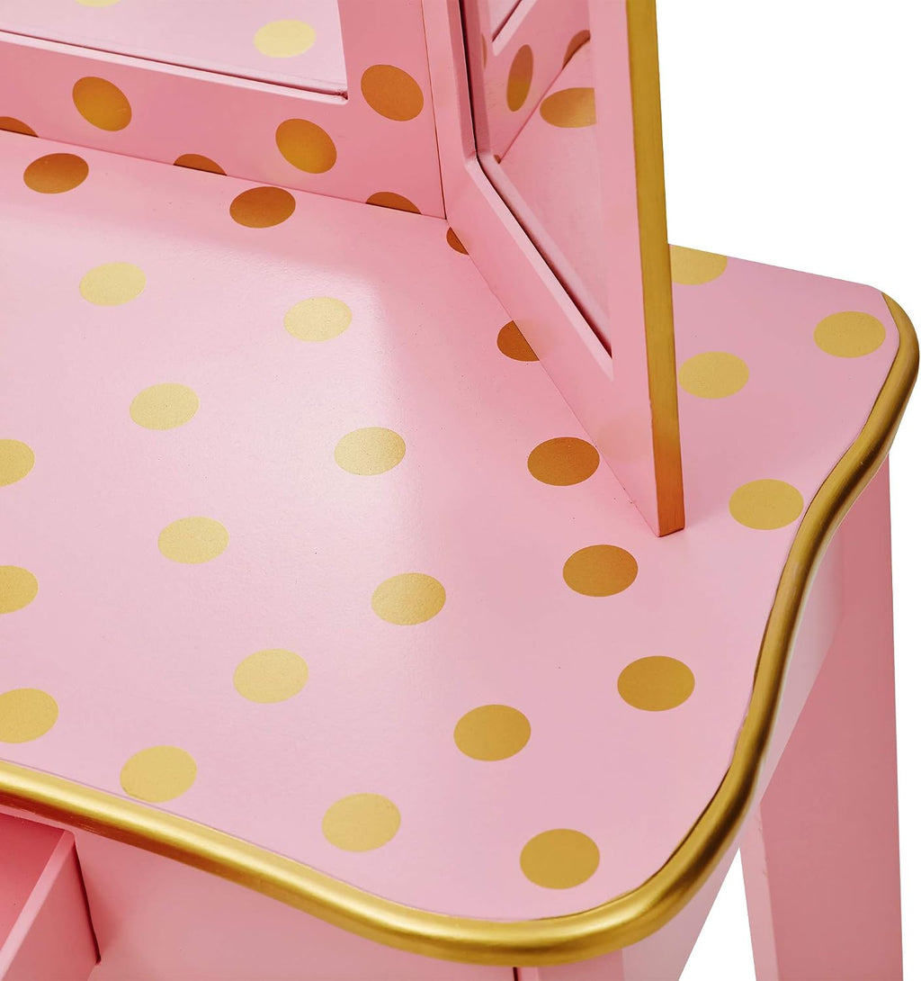 Teamson Kids Pretend Play Kids Vanity, Table & Chair Vanity Set with Mirror, Girls Makeup Dressing Table with Storage Drawer & Polka Dot Print, Gisele Collection, Pink/Gold