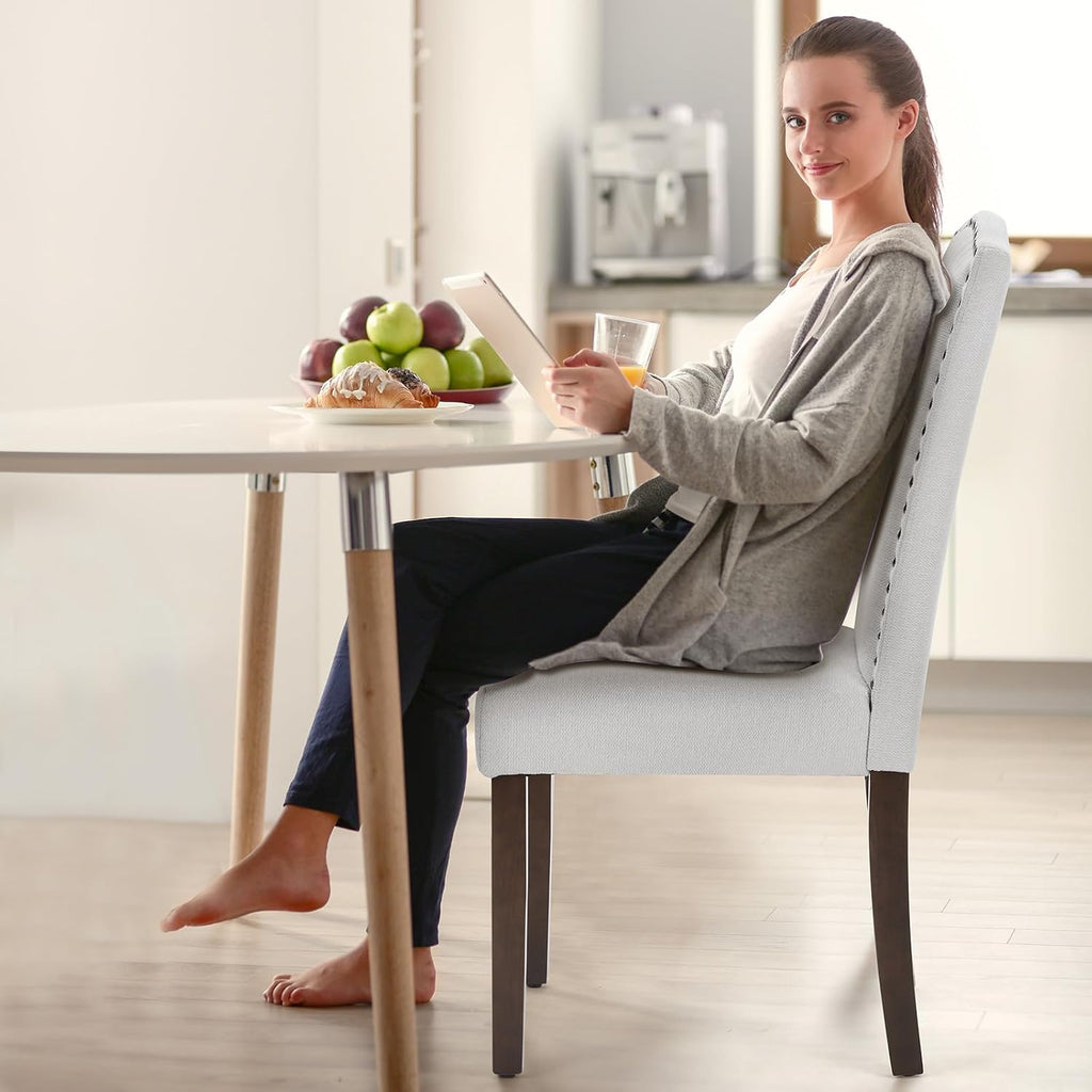 DUMOS Upholstered Dining Chairs Set of 6, Farmhouse Fabric Dining Room Kitchen Chair with Nailhead Trim and Wood Legs, Modern High Back Side Chairs for Living Room, Light Grey