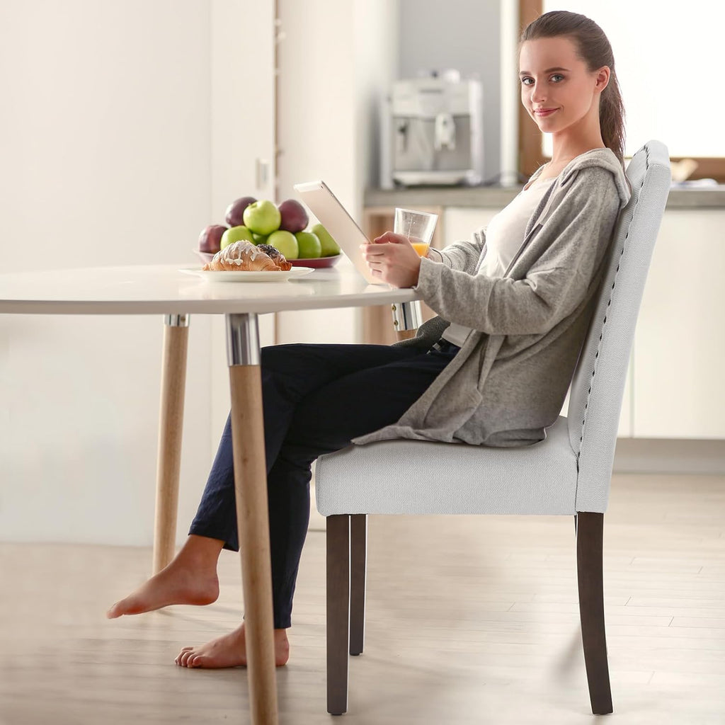 DUMOS Dining Chairs Set of 6, Farmhouse Fabric Upholstered Kitchen Chairs with Wooden Legs and Padded Seat, Modern Accent Chair for Dining Room, Kitchen, Living Room, Restaurant, Light Grey