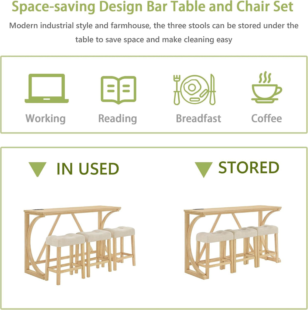 Merax 59 Inch Industrial Bar Table Set with Power Outlet, 3 Linen Upholstered Stools, Counter Height Table Set with 24 Inch Seat Height Stools for Kitchen, Living Room,Light Oak+Beige