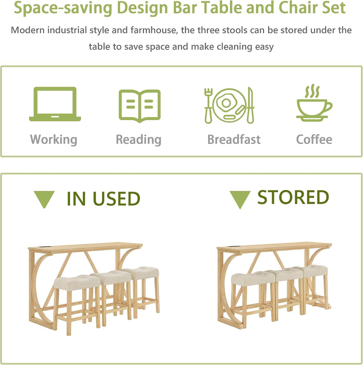 Merax 59 Inch Industrial Bar Table Set with Power Outlet, 3 Linen Upholstered Stools, Counter Height Table Set with 24 Inch Seat Height Stools for Kitchen, Living Room,Light Oak+Beige
