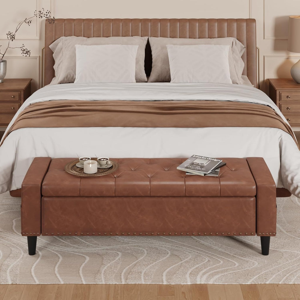 60" Storage Ottoman Bench, Faux Leather Upholstered Bed Bench, Brown | Benches with Tufted Buttons and Nailhead Trim, Large Ottoman with Storage for King Size End of Bed, Bedroom,Entryway,Hallway